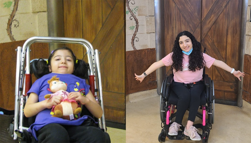 Melika as a young child on the left. She is seated in a chair and holding a plush toy. On the right is Melika as a young adult, sitting in a wheelchair with hot pink accents.