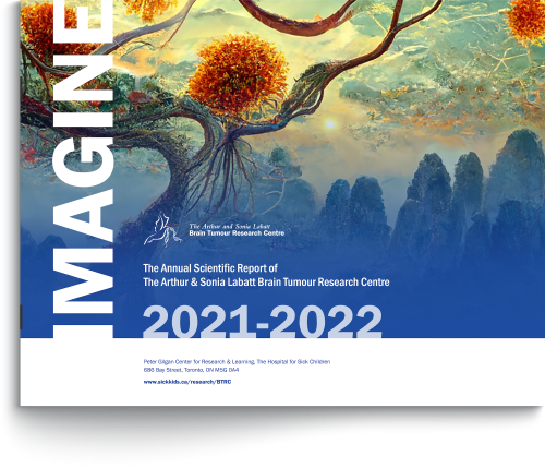 BTRC Annual Report front cover. The cover features an image of a fantasy landscape with a tree in the foreground. "IMAGINE" is written vertically across the cover. The title text reads, "The Annual Scientific Report of the Arthur & Sonia Labatt Brain Tumour Research Centre 2021-2022".