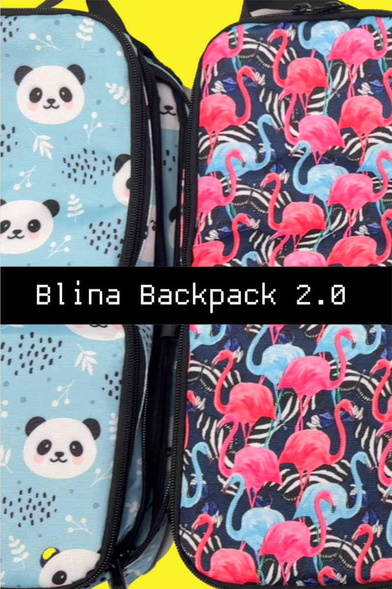 Colourful backpacks, one with a panda pattern while the other has a flamingo pattern. Text reads: Blina Backpack 2.0