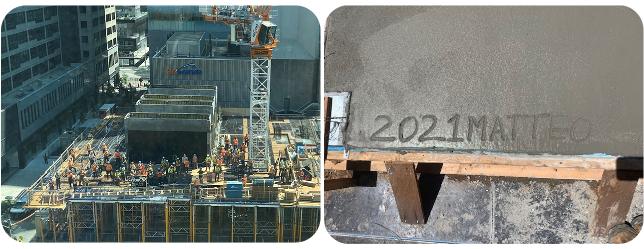 Photo 1: an aerial photo of a construction crew gathered on a construction site waving and holding a sign that says "Hi Matteo" Photo 2: a slab of wet concrete with the words 2021 Matteo written in it