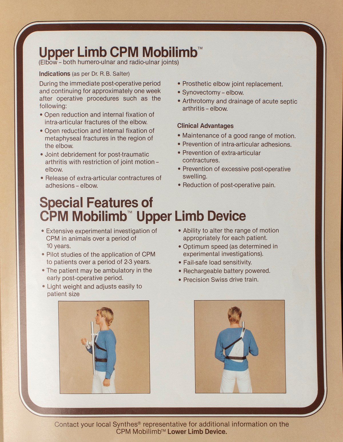 A poster that details the use cases, clinical advantages and special features of the Upper Limb CPM Mobilimb device. At the bottom of the poster is a side and back view of a man wearing the orthotic device. 