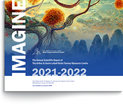 BTRC Annual Report front cover. The cover features an image of a fantasy landscape with a tree in the foreground. "IMAGINE" is written vertically across the cover. The title text reads, "The Annual Scientific Report of the Arthur & Sonia Labatt Brain Tumour Research Centre 2021-2022".