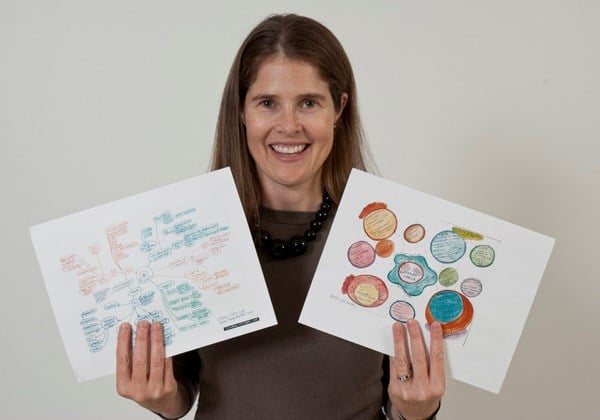 Woman holds two sheets of paper with illustrations and notes on them.