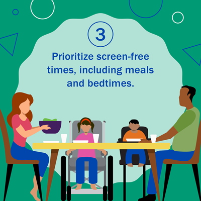 3. Prioritize screen-free times, including meals and bedtimes. Graphic shows two adults and two children seated around a dinner table.