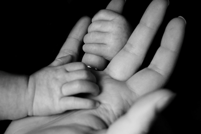 A black and white close-up image of an infant's hands holding onto their parent's palm.