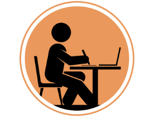 An illustration of a person seated at a table and writing something on a sheet of paper. There is a laptop on the table.