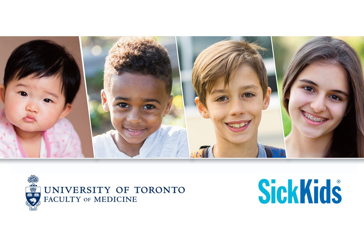 Collage of four children of various ages. U of T and SickKids logos.