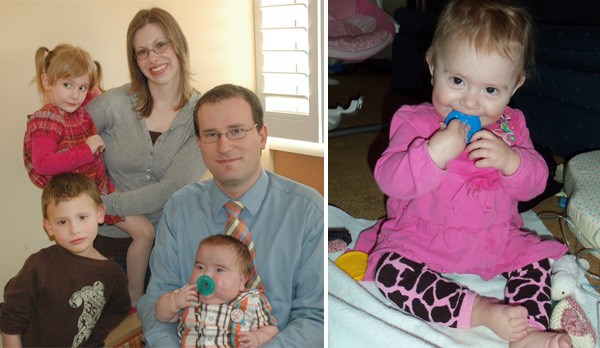 On the left, a family: mother holds a young girl, father holds a baby on his lap, a boy stands next to them. On the right an image of a baby.