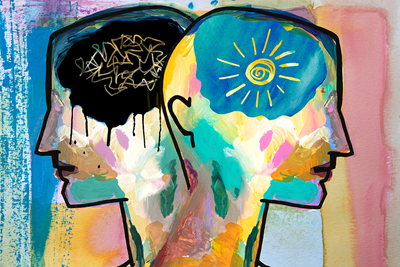 Abstract illustration of two back to back heads, one brain filled with a tangle, the other with a sunshine.