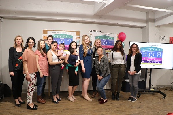 Members of the design team stand with advisory panel members in front of large version of the inforgraphic