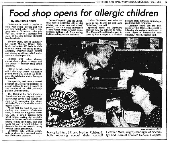 Black and white newspaper clipping with image and headline "Food shop opens for allergic children."