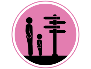 An illustration of an adult and child looking at a navigational sign post.