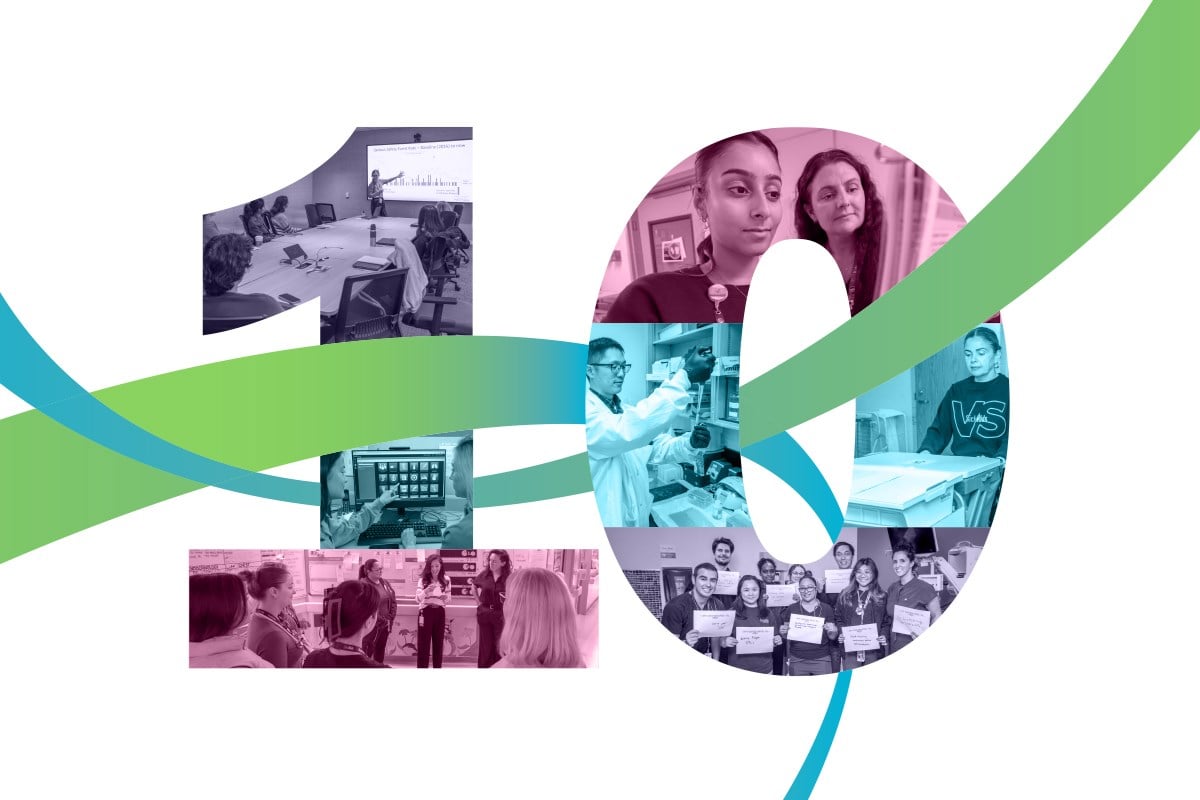 Large number 10 filled with photos of people in meetings, lab work, and group activities, with green and blue ribbons crossing through.