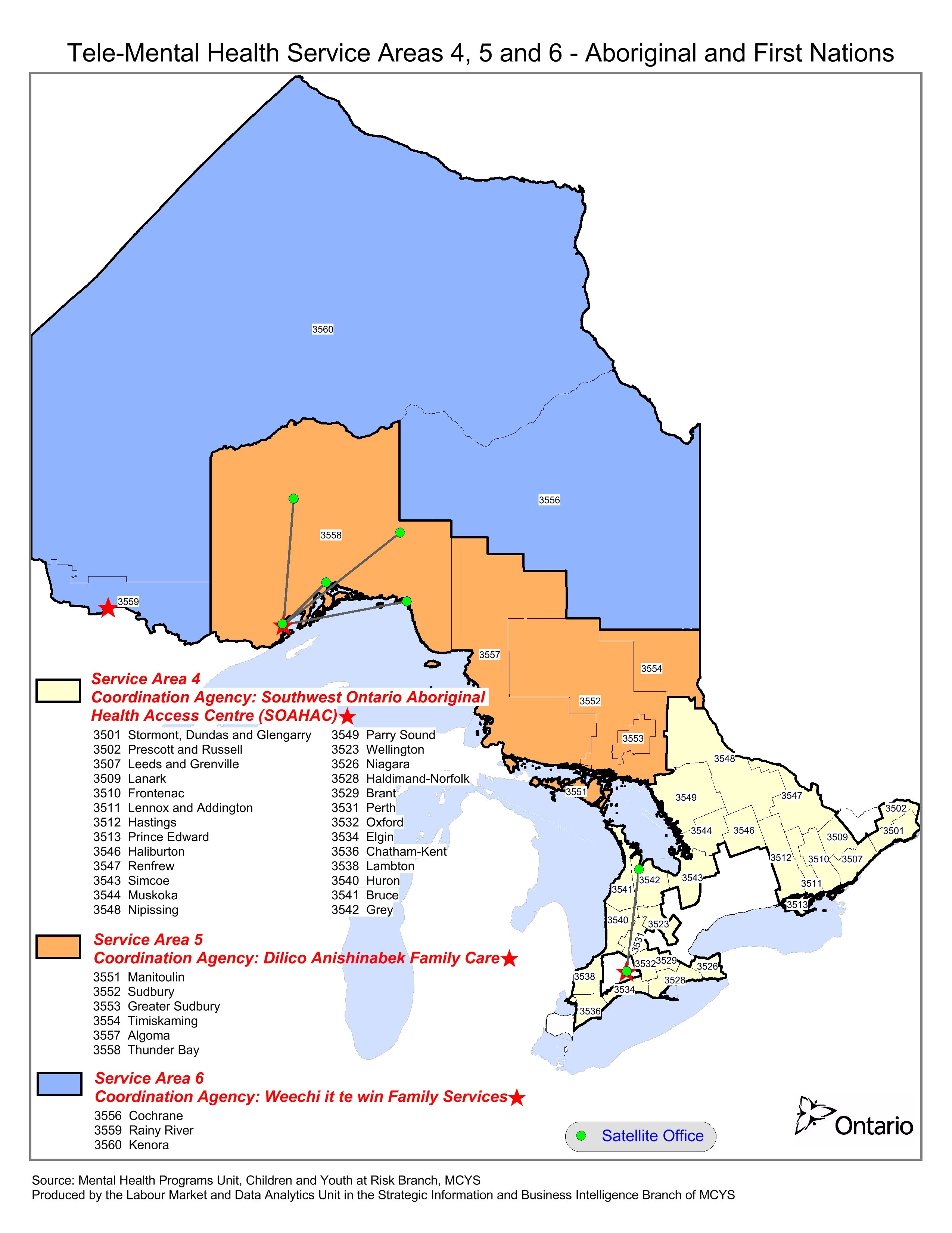 Map of First Nations service area 4: Southwestern Ontario; service area 5: West Ontario; and service area 6: Northwestern Ontario.