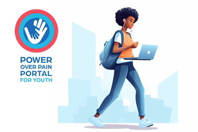 A young person is walking with their laptop, a logo reads "Power Over Pain Portal for Youth".