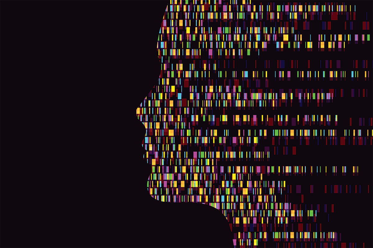 An outline of a child's face made with a visualized genetic sequence.