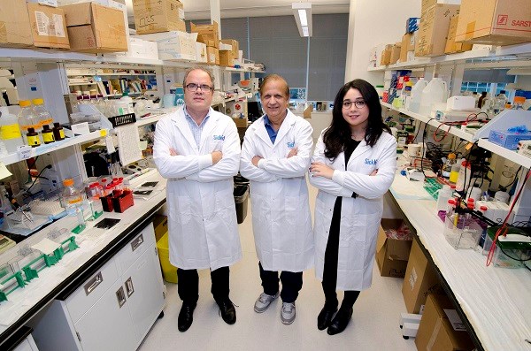 Three scientists stand together in a research lab wearing lab coats.