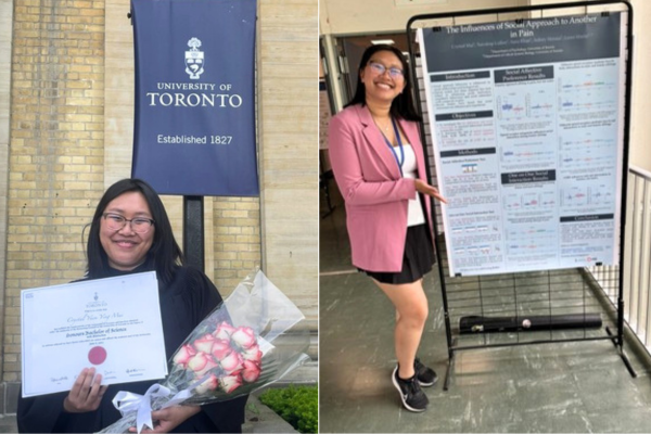 Side-by-side images of Crystal in academic settings. On the left, Crystal stands outdoors in front of a “University of Toronto" sign at her graduation, holding a framed certificate and a bouquet of white and pink flowers. On the right, Crystal stands indoors beside a large research poster mounted on a display board. The poster contains diagrams, charts and text, including a title about the influence of social approach on pain.