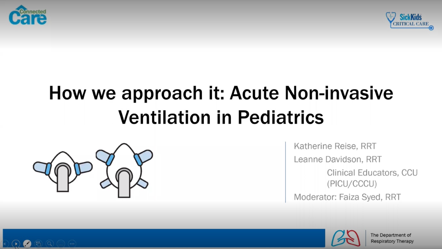 A screenshot of a Connected Care webinar. The screen reads "How we approach it: Acute non-invasive ventilation in paediatrics" and has two simple illustrations of ventilators.