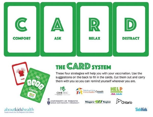 Graphic showing CARD stands for comfort, ask, relax, distract. 