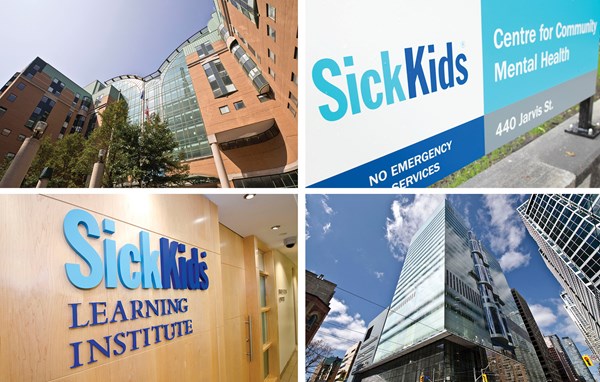 Collage of exterior of SickKids hospital, Peter Gilgan Centre for Research and Learning, SickKids Learning Institute and SickKids Centre for Community Mental Health to indicate collaboration