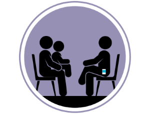 An illustration of a child seated in their parent's lap while speaking with a staff member.