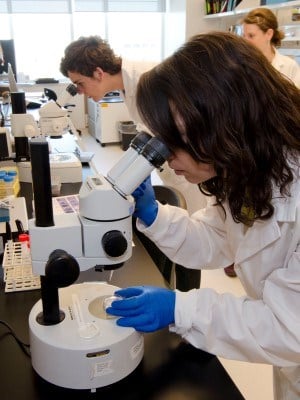 A woman in a lab coat standing at a lab bench while looking through a microscope.