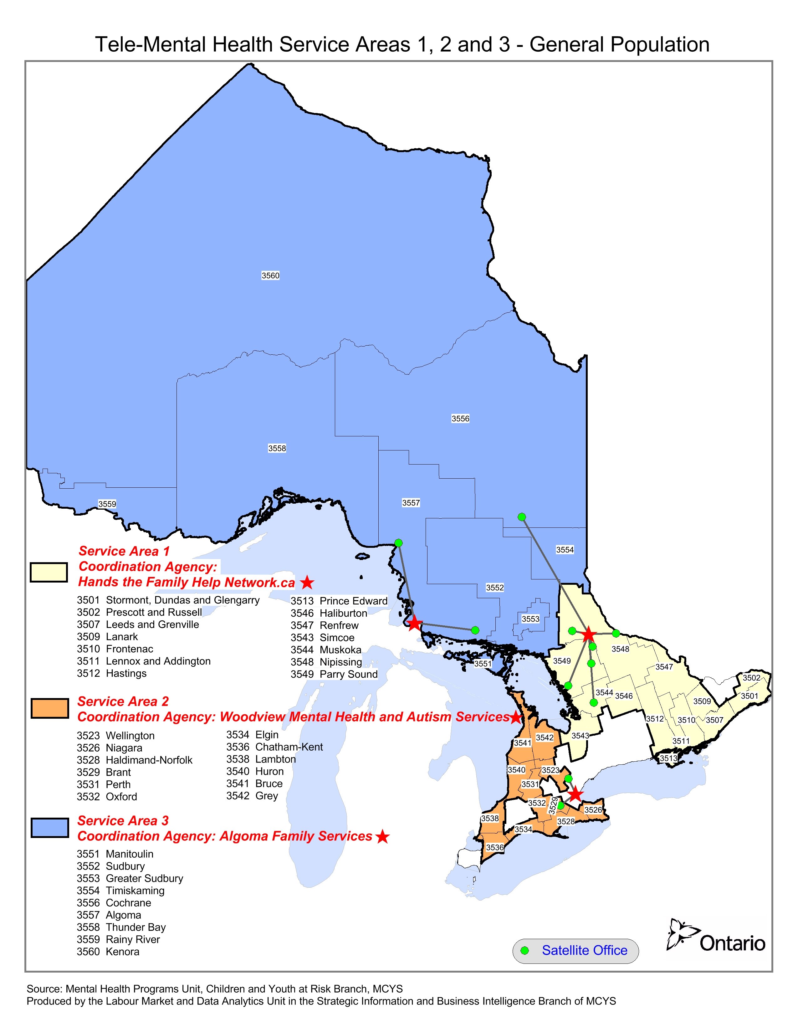 Map of service area 1: Northeastern Ontario; service area 2: Southwestern Ontario; and service area 3: Northwestern Ontario.