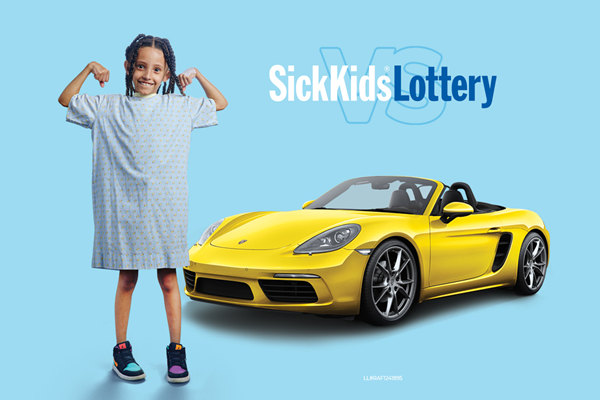 Child wearing hospital gown flexes arms. A yellow sports car is in the background. Text reads SickKids Lottery.