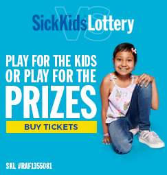 A child in a seated pose, smiling at the camera. The text reads: SickKids Lottery. Play for the kids or play for the prizes. Buy tickets.