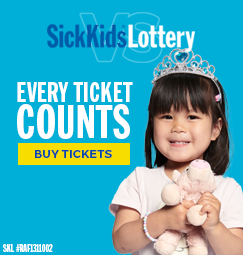 A child wearing a tiara and clutching a stuffed toy in her hands. The text reads "SickKids Lottery. Every ticket counts. Buy tickets".