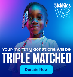 A child wearing colourful bravery beads around their neck. The text reads, "Your monthly donations will be triple matched. Donate now."