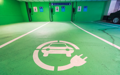 Electric vehicle charging stations on Level P1.