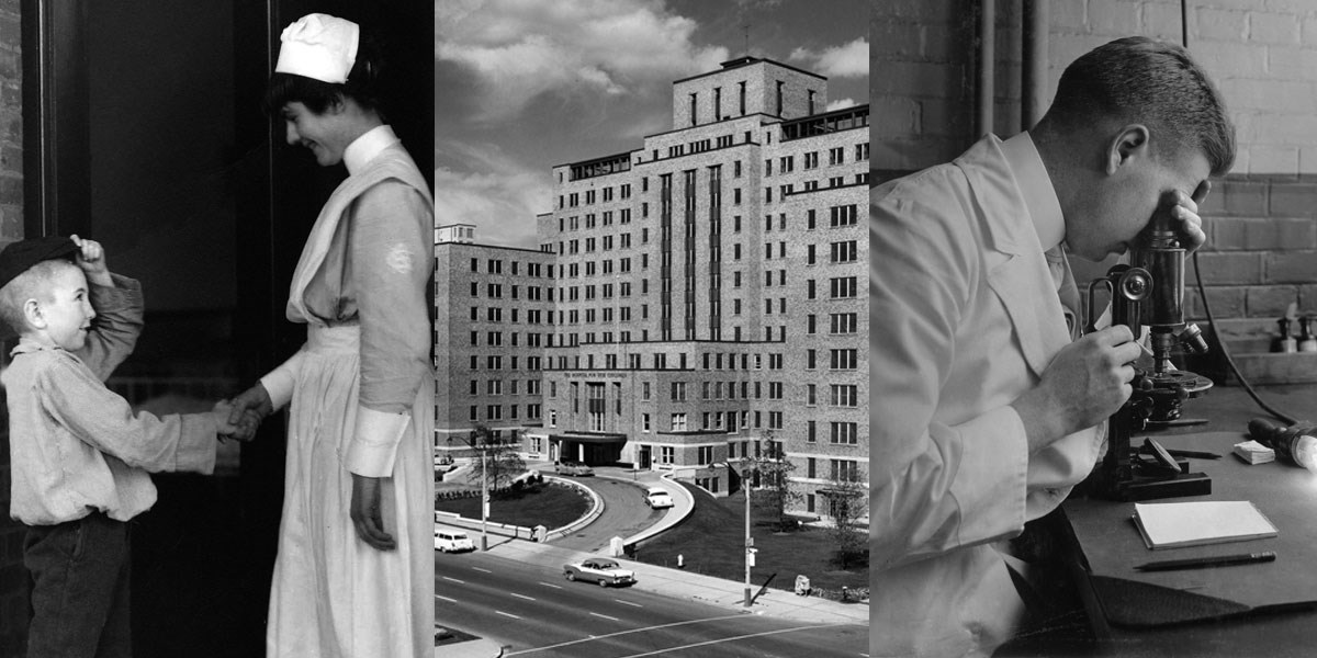 Collage of historical images, including a nurse talking with a young boy, the exterior of the hospital on University Avenue and a scientist looking through a microscope