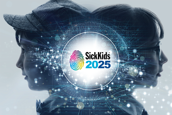 Two kids with the SickKids 2025 Strategic Plan logo