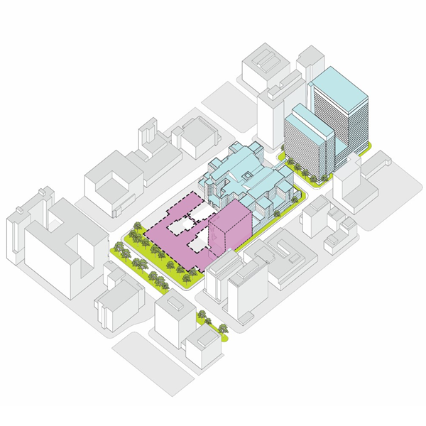 Graphic rendering of an aerial view of SickKids campus. A large section of the west side of campus is coloured in purple, to highlight the Black, Hill and Burton hospital Wings.