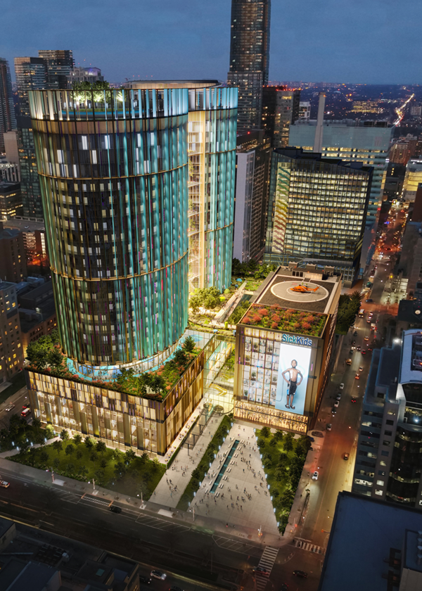 Rendering of an aerial view of city buildings and SickKids campus at night, including two tall modern buildings with large window paneling and a SickKids sign.