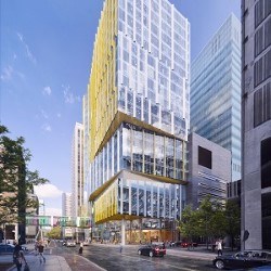 A street-view rendering of a new SickKids building, which is a tall modern angular building with various stories of floor to ceiling windows