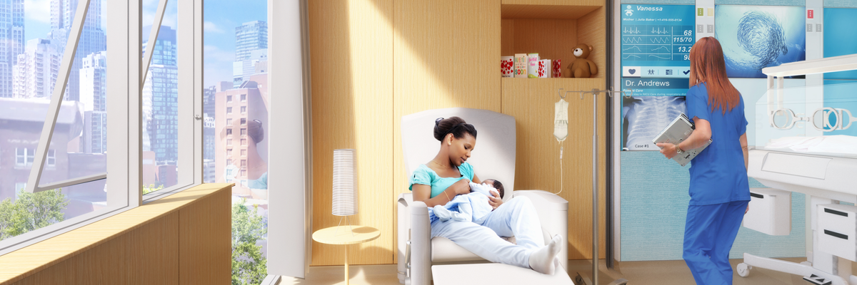 Rendering of new hospital neonatal intensive unit room. The room is bright with big windows and a chair for a mom with a baby to sit in.