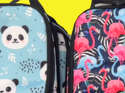 Two backpacks, one with pandas and one with flamingos.