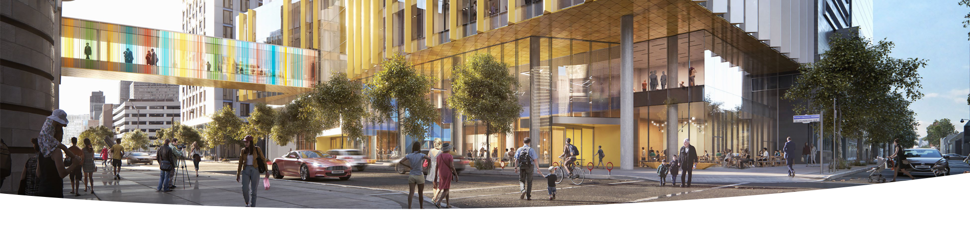 Rendering of Patient Support Centre showing people outside of a glass building