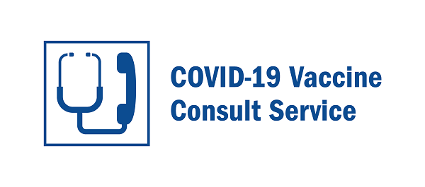 COVID-19 Vaccine Consult Service. Icon shows a stethoscope connected to a phone