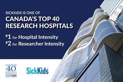 A worm's eye view of the Peter Gilgan Centre for Research and Learning. The text reads, "SickKids is one of Canada's top 40 research hospitals. #1 for Hospital Intensity. #2 for Researcher Intensity."