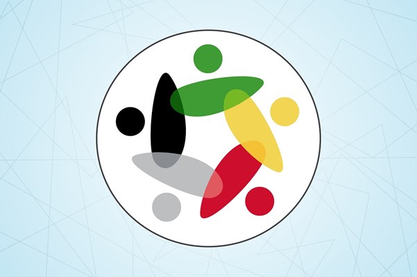 Equity, Diversity and Inclusion logo showing five figures intertwined. The figures are black, grey, yellow, green and red and together form a circle.