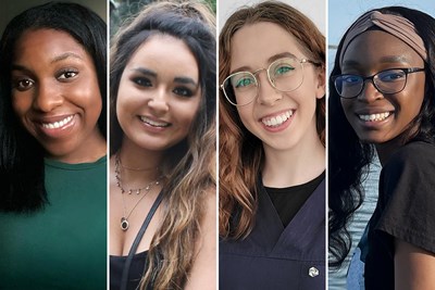 Collage featuring SickKids research trainees: Kimberley Gauthier, Nifemi Adeoye, Kristine Keon, and Clare Burn Aschner