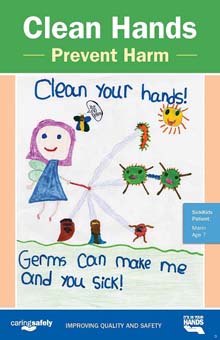 Clean Hands Prevent Harm poster that says clean your hands! Germs can make me and you sick!