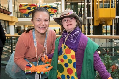 Woman and child dressed in costumes.