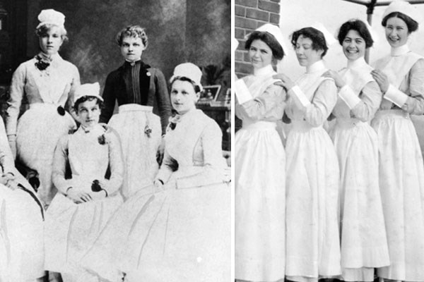 Two black and white photos showing women wearing white nursing caps and white aprons with long, full skirts.