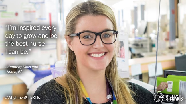 "I'm inspired every day to grow and be the best nurse I can be." - Kennedy MacLean, Nurse, 6A. Woman wearing glasses.