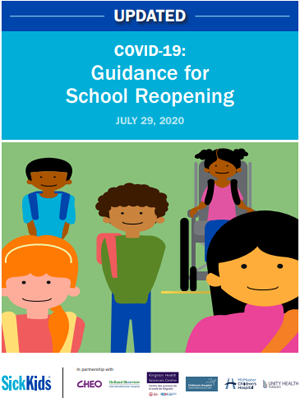 Report cover showing kids and the title "COVID-19 Recommendations for School Reopening"